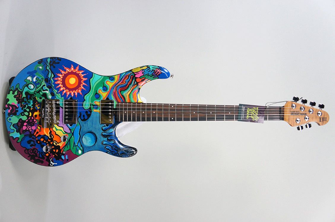 Réplique Miniature Guitare Steve Lukather Music Man Luke – 25 Cm – Support Et Boîte Inclus – Décoration Musicien
