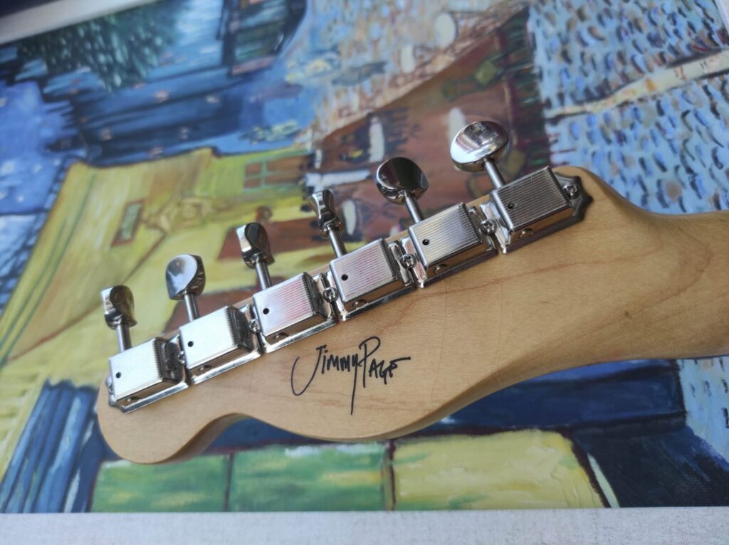 Fender Jimmy Page Telecaster, detalle clavijero y firma de Jimmy Page